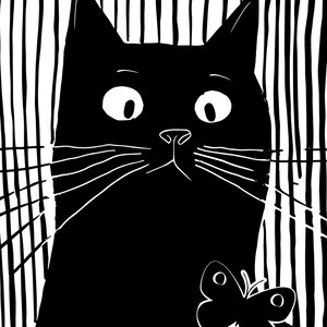 Black Cat Print Wall Art Poster For the Cat Lover - Catimus and the Butterflew -  - Black Cat Decor Cute - Cat Art Print - Giclee Archival