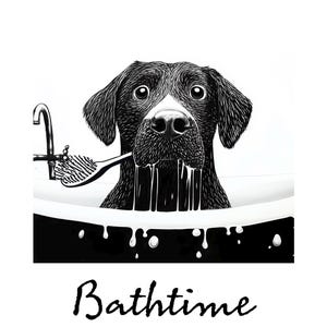 Black Labrador Bathtime Art Print – Quirky Cartoon Dog Illustration – Funny Bathroom Wall Decor for Dog Lovers & Pet Parents
