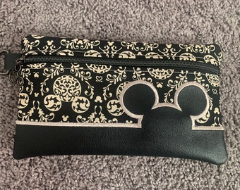 Mickey Disney Inspired Black Zippered Limited Custom Fabric Embroidered Clutch Purse Tote