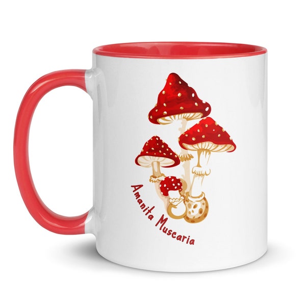 Fly Agaric, Amanita Muscaria, mushroom design on white ceramic mug with red handle and red interior. Choose 11 or 15 oz.