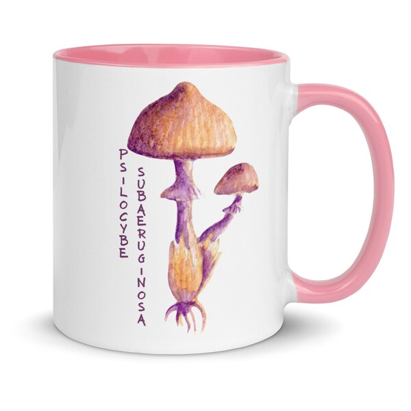 Psilocybe Sabaeruginosa mushroom design white ceramic mug. 11oz or 15oz. Pink or black handle/interior.