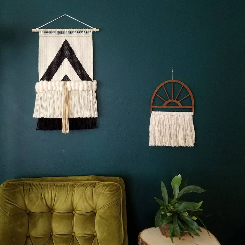 Woven Wall Hanging, Handmade Tapestry, Mid Century Modern, Boho Decor, Macrame Wall Hanging, Black and White Triangles Bohem image 5