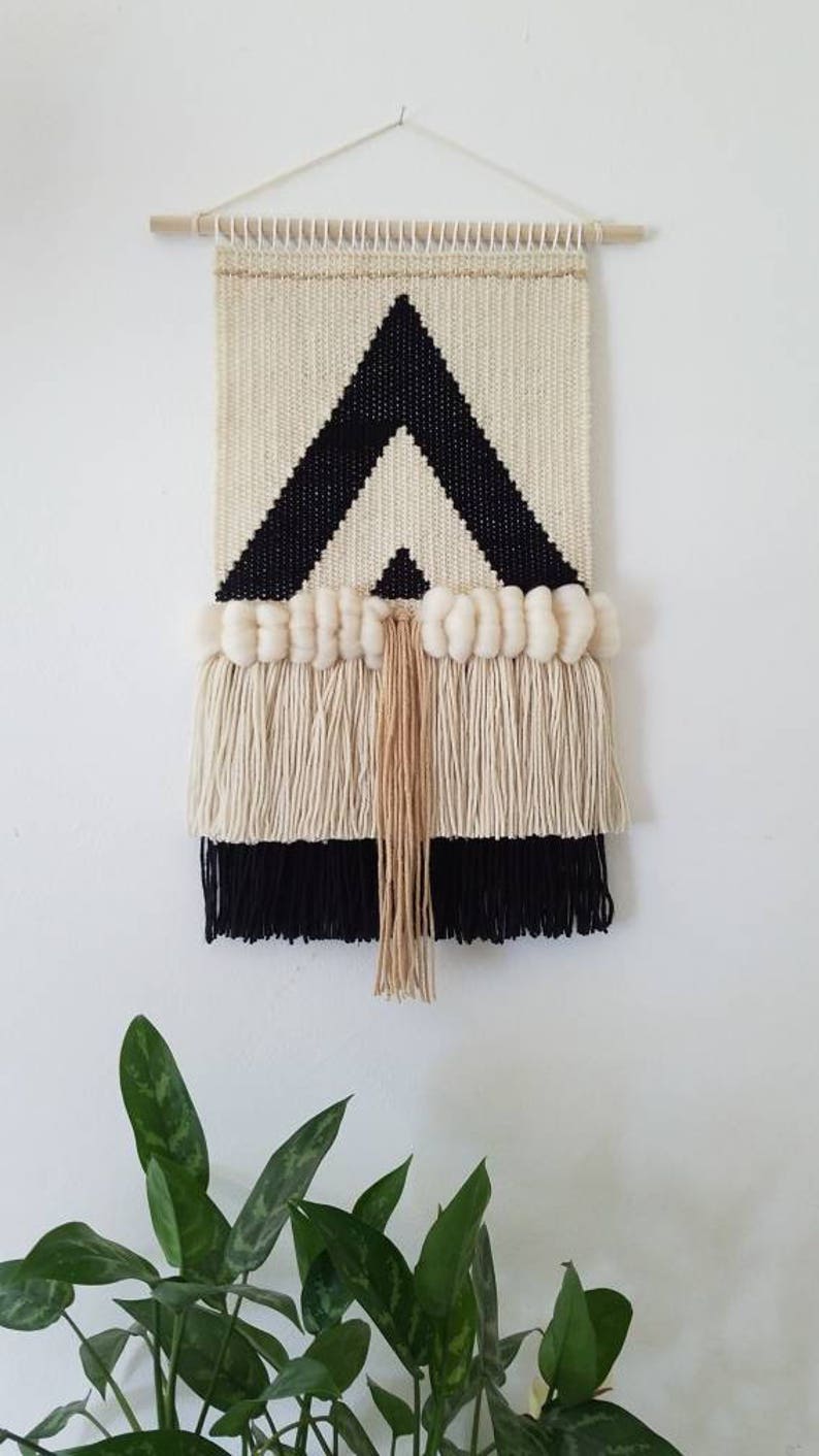 Woven Wall Hanging, Handmade Tapestry, Mid Century Modern, Boho Decor, Macrame Wall Hanging, Black and White Triangles Bohem image 2