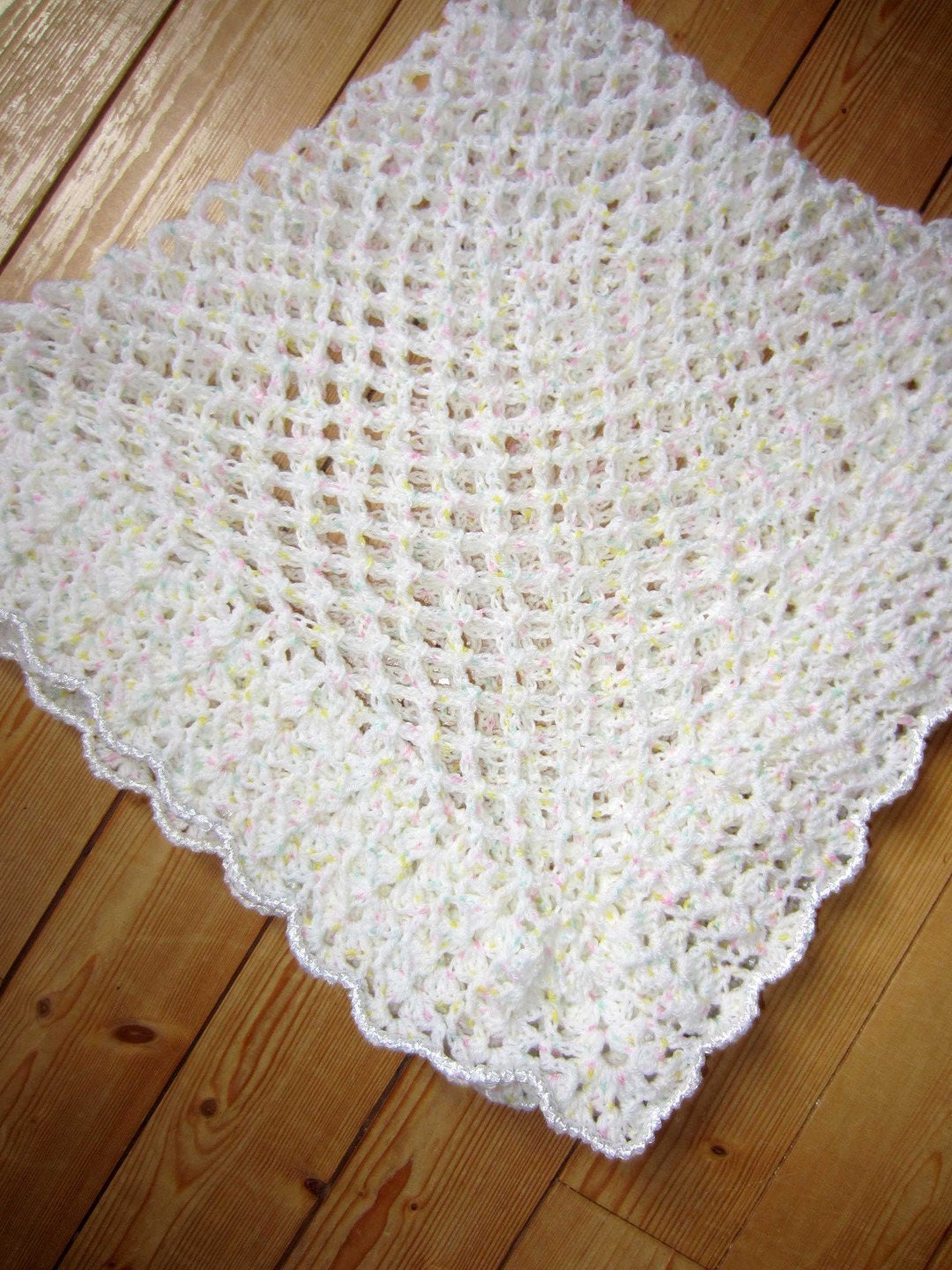 Châle Naissance Baptême, Couverture Berceau, Lit Bébé, Laine Layette Blanche Mouchetée Jaune, Vert, 