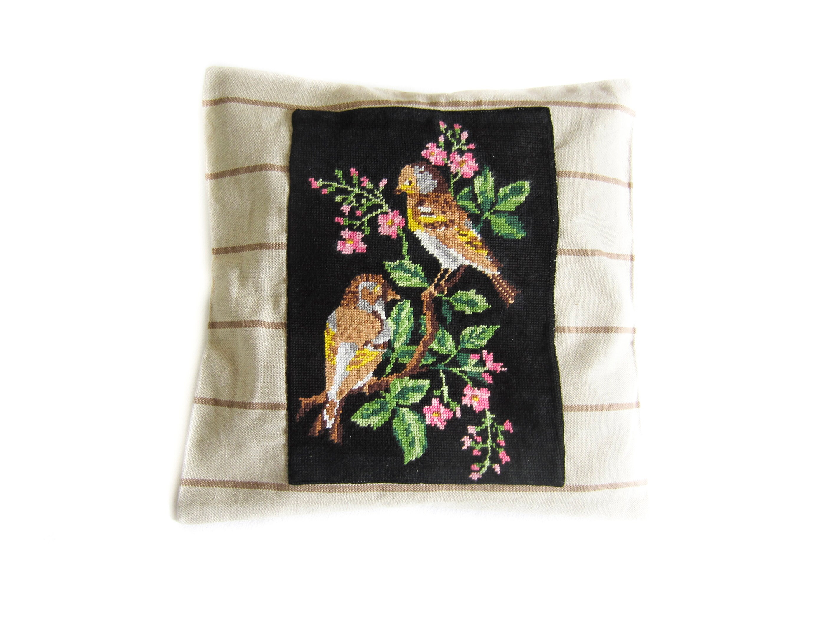 Coussins Assortis Coton Rayé Beige Canevas Vintage Appliqué Carré Oiseaux Bouquet Nature Fleurs Fond