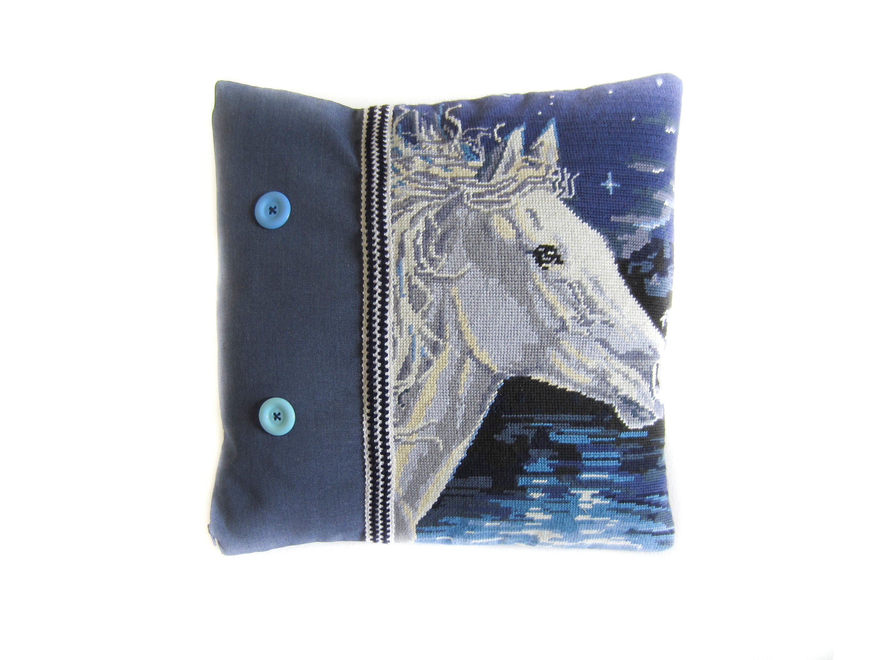 Coussin Velours Bleu Carré 40x40 Canevas Brodé Cheval Blanc Chevaux Au Galop Mer Nuit Étoiles Déco S