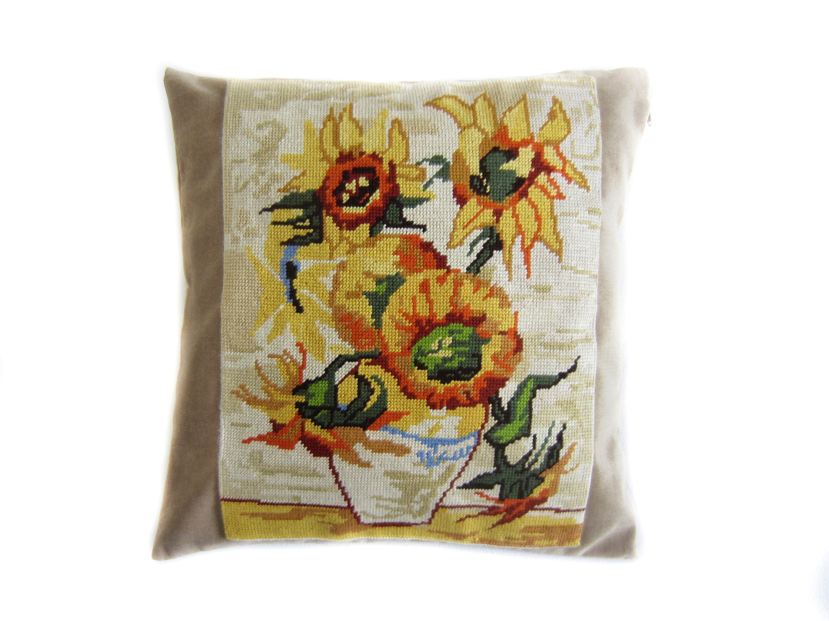 Coussin Velours Beige Jaune Tournesols Van Gogh Canevas Brodé Vintage France Salon Chambre Ado Enfan