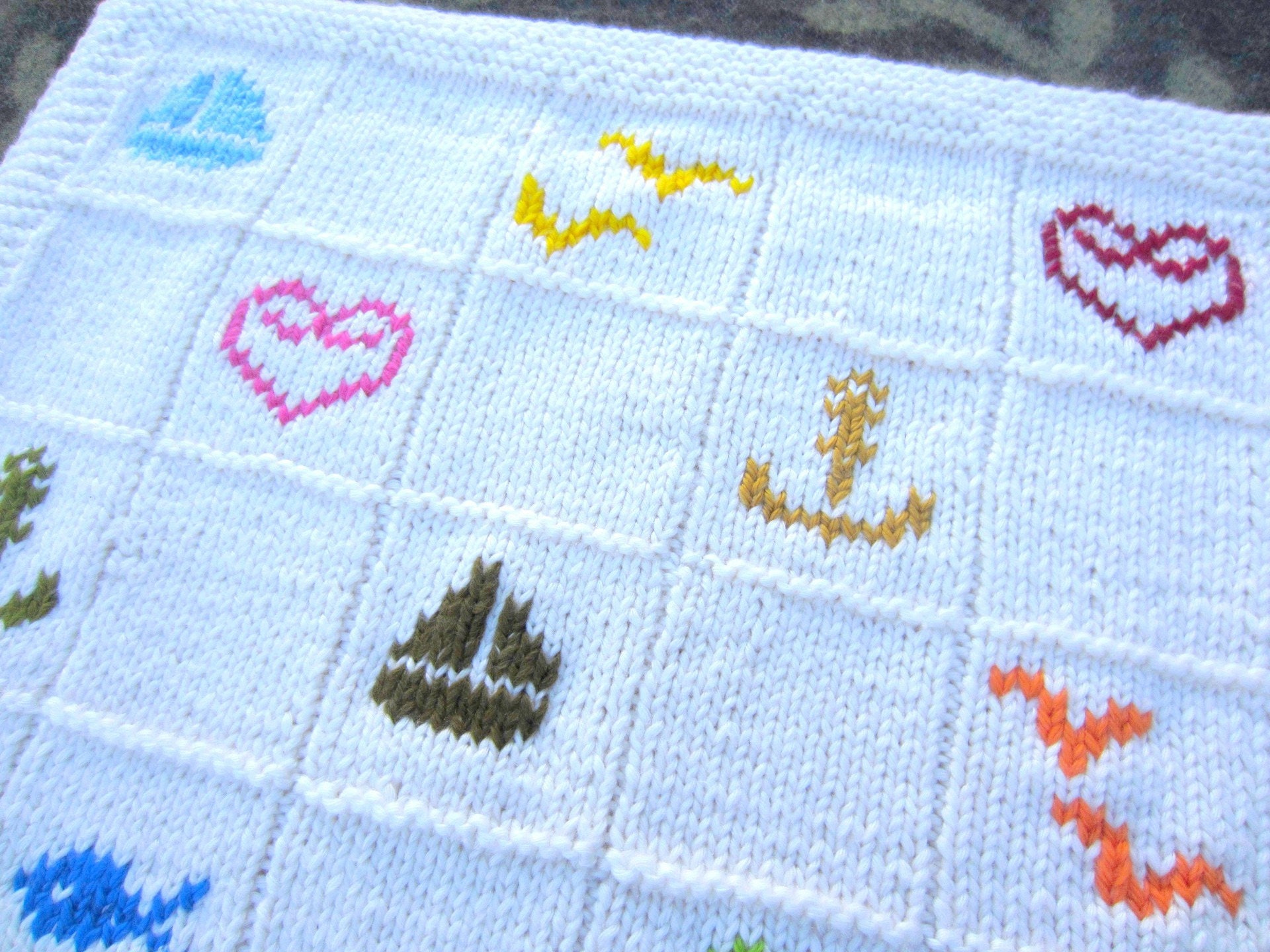 Couverture de Lit Bébé, Berceau, Tapis Jeu, Laine Fait-Main Tricot Brodé, Motifs Marins, Mer, Bretag