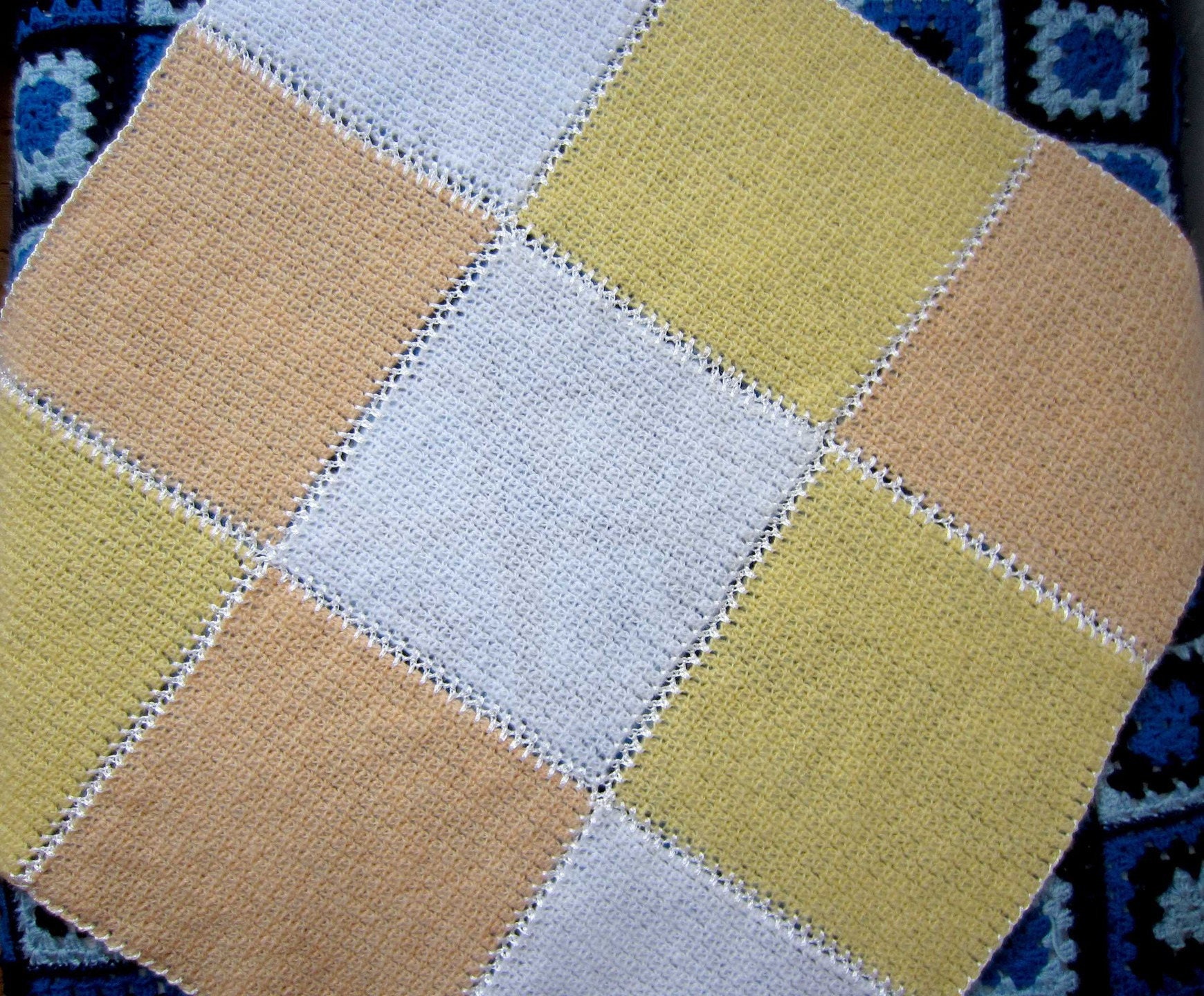 Grand Plaid Bébé, Couverture Berceau, Châle Naissance, Carrés Crochet, Damier, Mosaïque Laine, Jaune