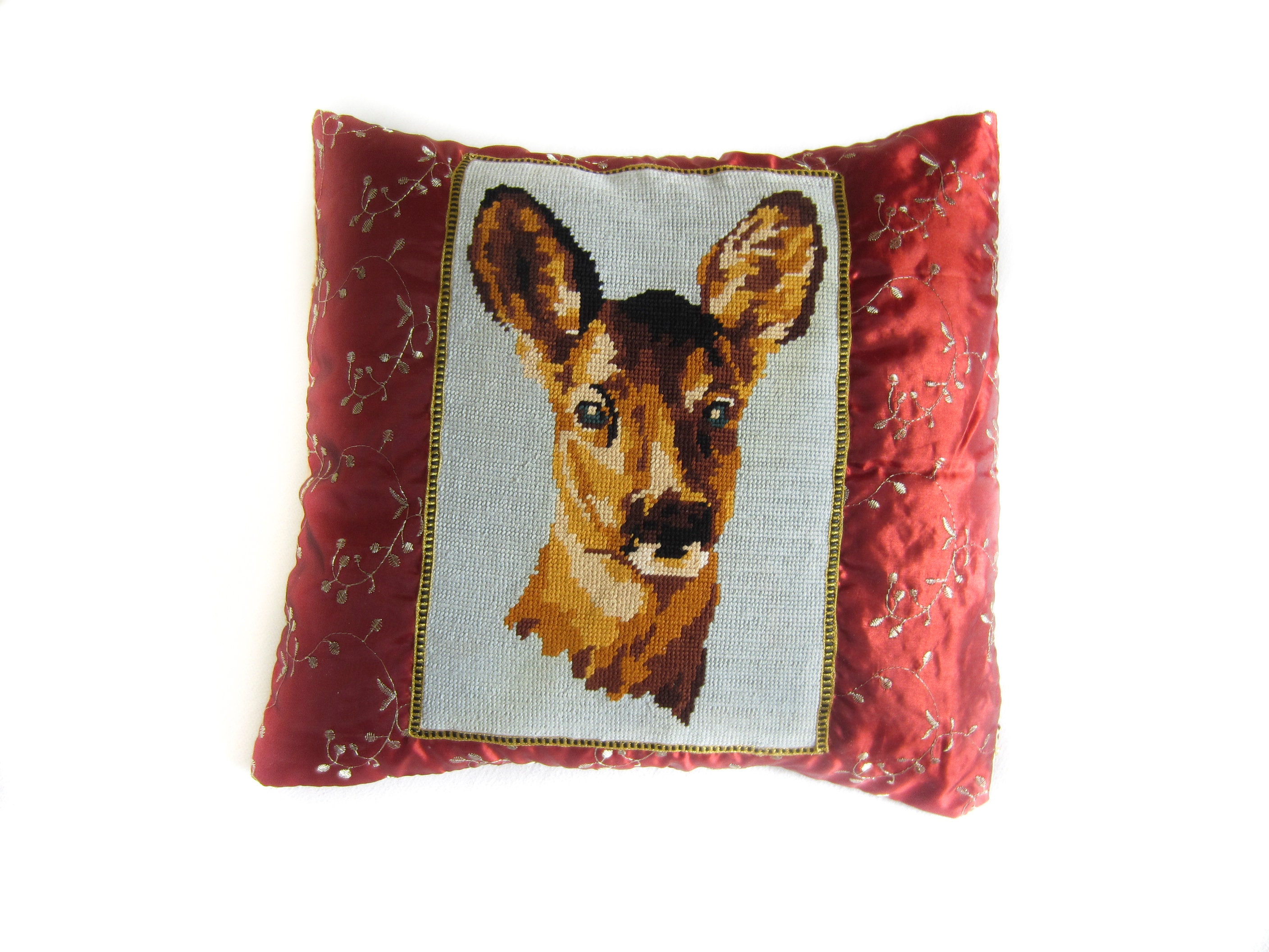 Coussin Polyester Satin Brodé Or Cuivre Beige Canevas Vintage Appliqué Carré 40x40 Biche Chasse Anim