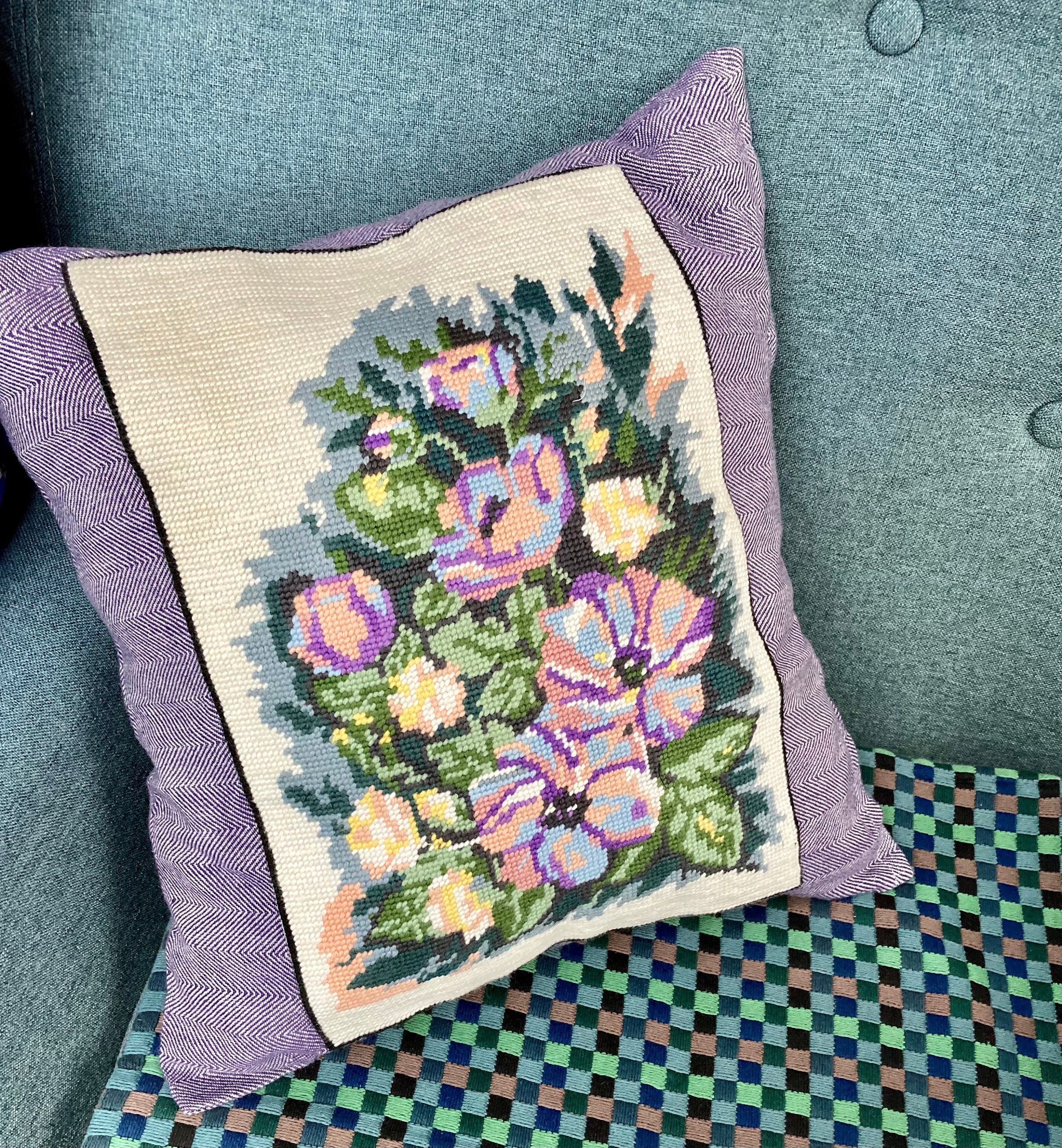 Coussin Polyester Coton Tissé Chevrons Marine Blanc Application Canevas Vintage Carré Fleurs Parme B