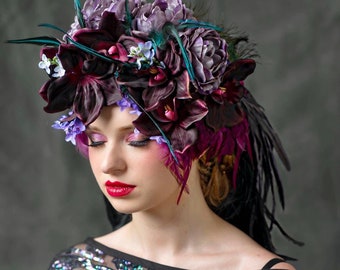 Floral and Feather Headpiece for Halloween, cosplay, costume, photo shoot, red carpet, mardi gras