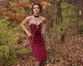 Merlot Suede dress with gold chain accent