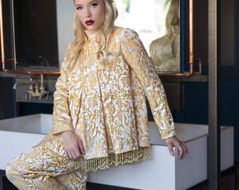 Gold and Cream Brocade Tunic and cropped pants with crystal trim