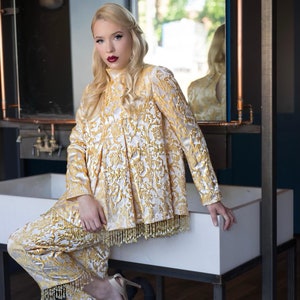 Gold and Cream Brocade Tunic and cropped pants with crystal trim image 1