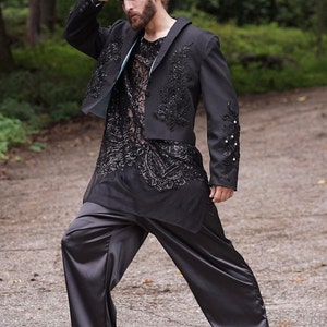 Trendsetting men's separates suit with cropped jacket applique sequin shirt and satin pants image 2