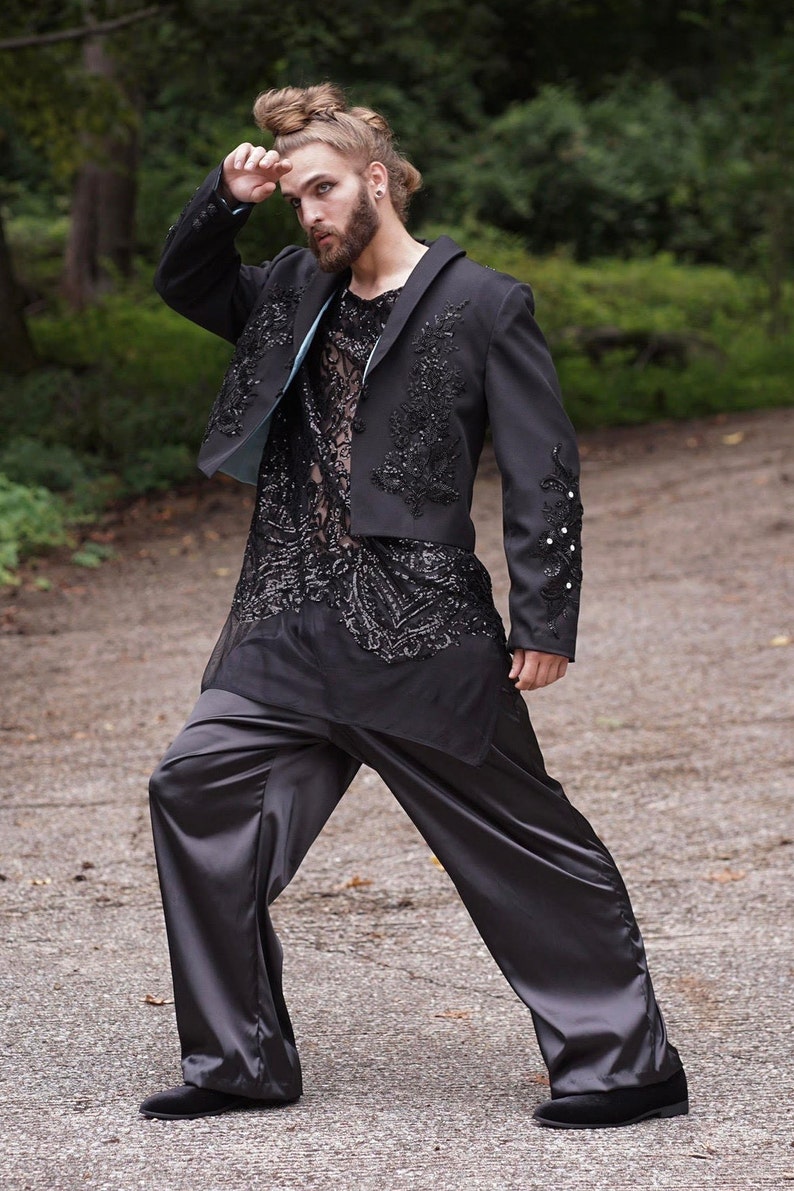 Trendsetting men's separates suit with cropped jacket applique sequin shirt and satin pants image 2