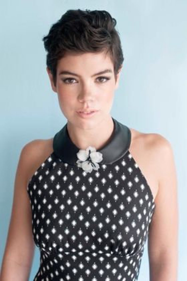 black and white dotted cotton 1950's style halter top with faux leather collar and flower pin image 3