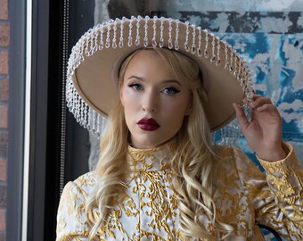 Cream Boater hat with crystal embellishment