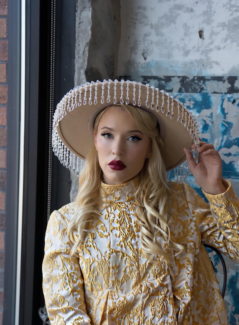 Cream Boater hat with crystal embellishment image 1