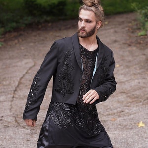 Trendsetting men's separates suit with cropped jacket applique sequin shirt and satin pants image 5