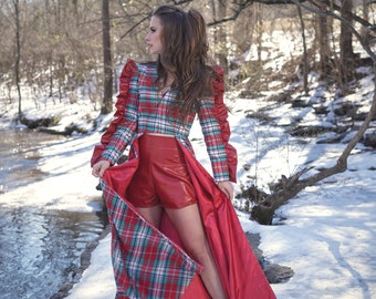 Plaid Flannel lined coat with faux leather shoulder accents floor length