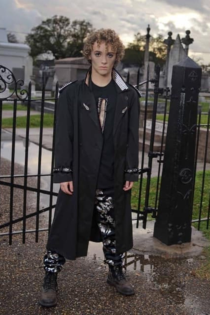 Gothic black trench coat with silver studs and pyramid accents image 3