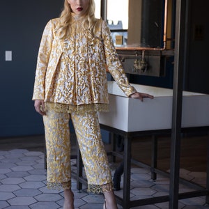 Gold and Cream Brocade Tunic and cropped pants with crystal trim image 2