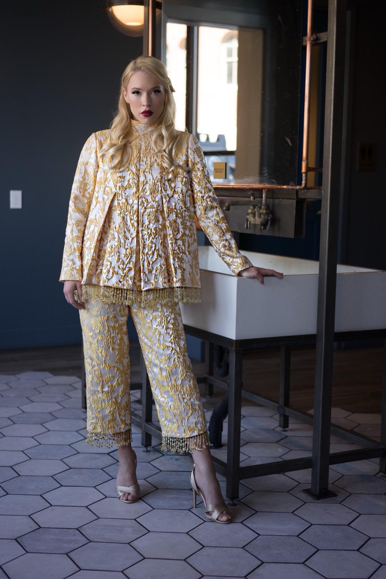 Gold and Cream Brocade Tunic and cropped pants with crystal trim image 2