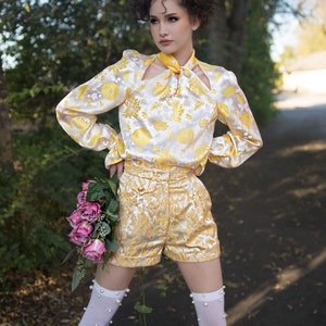 Brocade satin shorts with raised print and pockets and brocade top with keyhole accent at neckline back button image 5