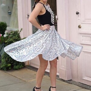 Mirrored trim black bodice cocktail dress with shimmer sequin high low flair skirt image 3