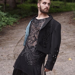 Trendsetting men's separates suit with cropped jacket applique sequin shirt and satin pants image 7