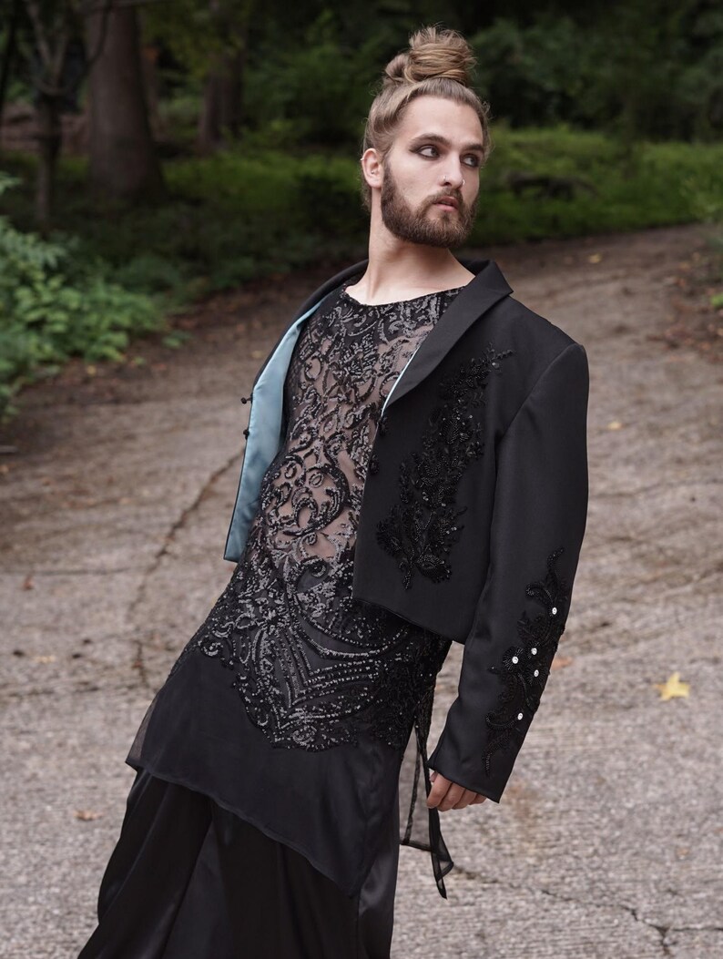 Trendsetting men's separates suit with cropped jacket applique sequin shirt and satin pants image 7