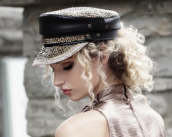 Captivating captains or cadet hat with faux leather and covered in gold rhinestones and crystals