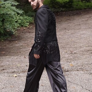 Trendsetting men's separates suit with cropped jacket applique sequin shirt and satin pants image 4