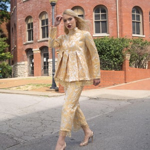 Gold and Cream Brocade Tunic and cropped pants with crystal trim image 7