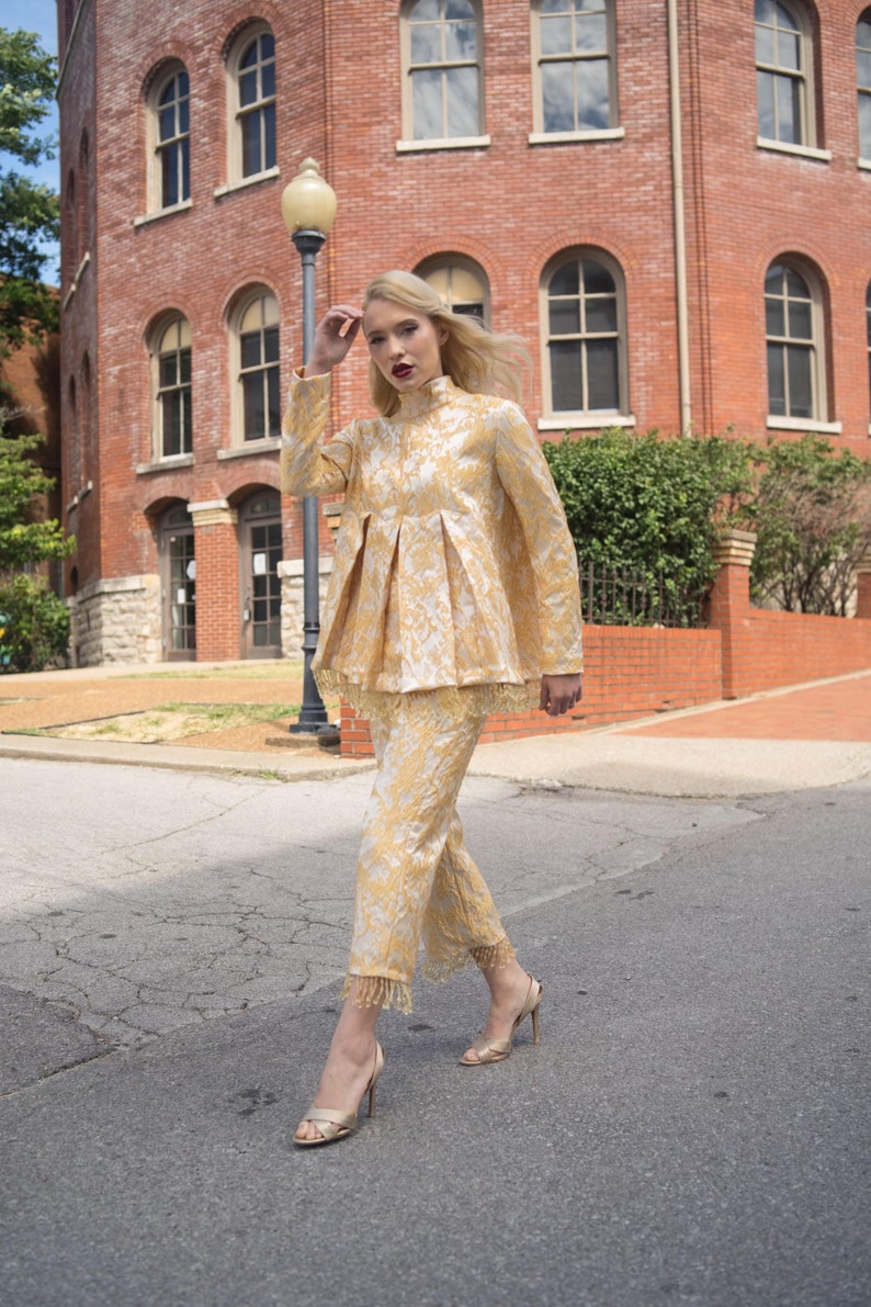 Gold and Cream Brocade Tunic and cropped pants with crystal trim image 7