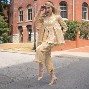 Gold and Cream Brocade Tunic and cropped pants with crystal trim image 8