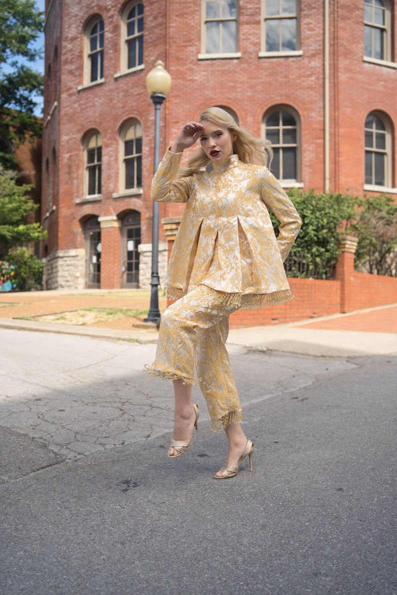 Gold and Cream Brocade Tunic and cropped pants with crystal trim image 8