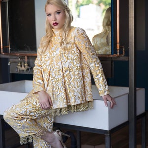 Gold and Cream Brocade Tunic and cropped pants with crystal trim image 4