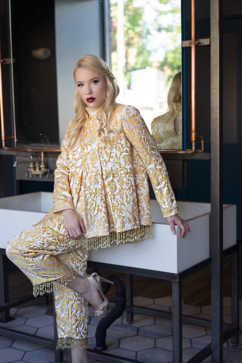 Gold and Cream Brocade Tunic and cropped pants with crystal trim image 4