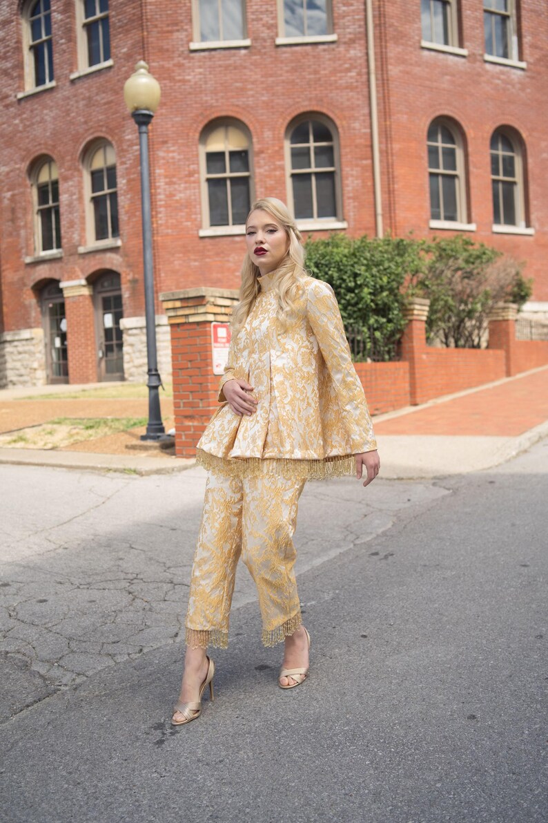 Gold and Cream Brocade Tunic and cropped pants with crystal trim image 9