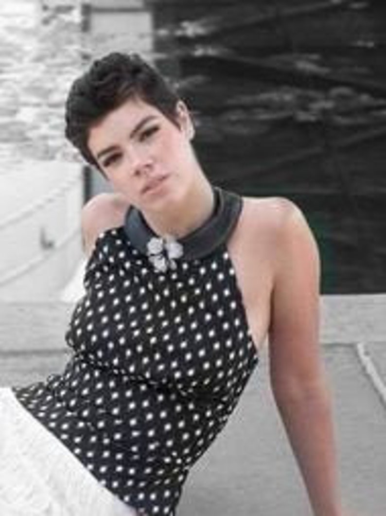 black and white dotted cotton 1950's style halter top with faux leather collar and flower pin image 2