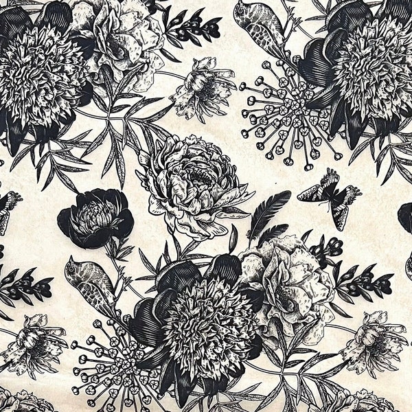 Unterglasur Keramik Transfer Aufkleber - Vintage Blumen & Vögel - Flor y Vuelo - Seidenpapier / Reispapier - SCHWARZ