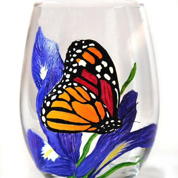 Butterfly Wine Glass - Butterfly Glass - Hand Painted Glass - Stemless Wine Glass - Butterfly Gift - Monarch Butterfly - Wine Lovers Gift