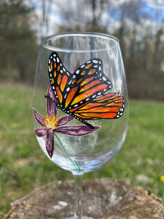 Butterfly Wine Glass - Butterfly Glass - Hand Painted Glass - Stemless Wine Glass - Butterfly Gift - Monarch Butterfly - Wine Lovers Gift