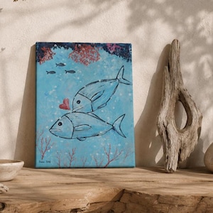 Cuadro original de peces mediterráneos | Pintura acrílica sobre lienzo | Arte marino hecho a mano | Decoración costera | Atelier Juhé