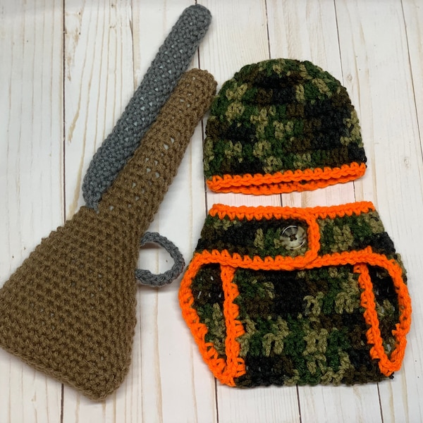 Crochet Hunter, Diaper Cover Set, Three Piece Set , Newborn Photo Prop Set, Hunter Set, Hunter, crochet outfit, Hunting Props, Costume, Camo