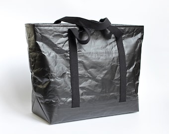 Minimalist Tyvek® Tote Bag, Eco-friendly Vegan Tote Bag/ Carry All Bag/ Commuter Bag, Black Unisex Zipper Shoulder Bag for Everyday Use