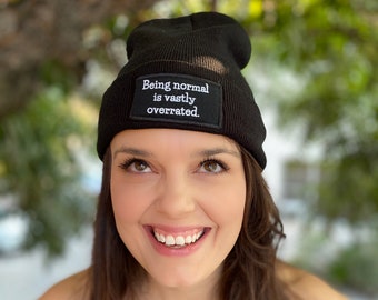 Being Normal is Vastly Overrated Black Cuffed Beanie Skull Cap Halloweentown quote